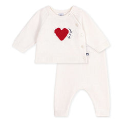 Petit Bateau - Yün Kalp Hırka ve Pantolon Seti | Beyaz