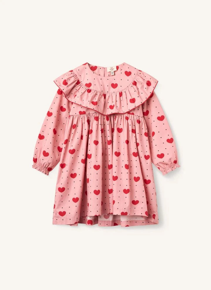 Copenhagen Colors - Vestido con Volantes de Algodón Orgánico con Diseño de Corazones | Rosa