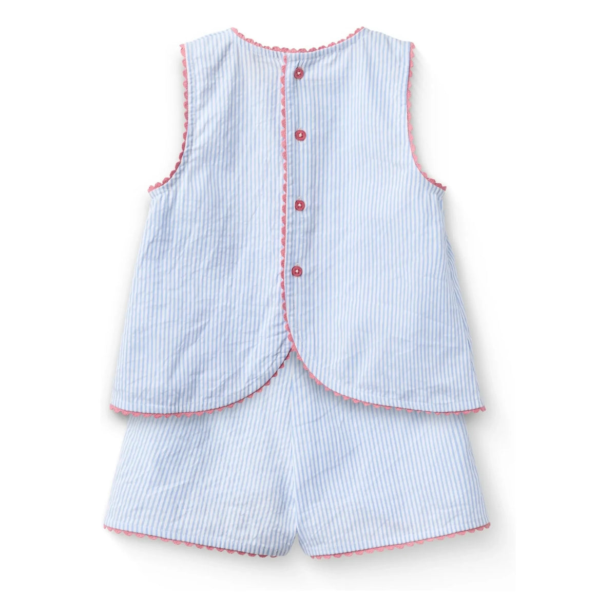 Copenhagen Colors - Conjunto de top de algodón orgánico con rayas seersucker y ribetes ondulados y shorts | Azul claro