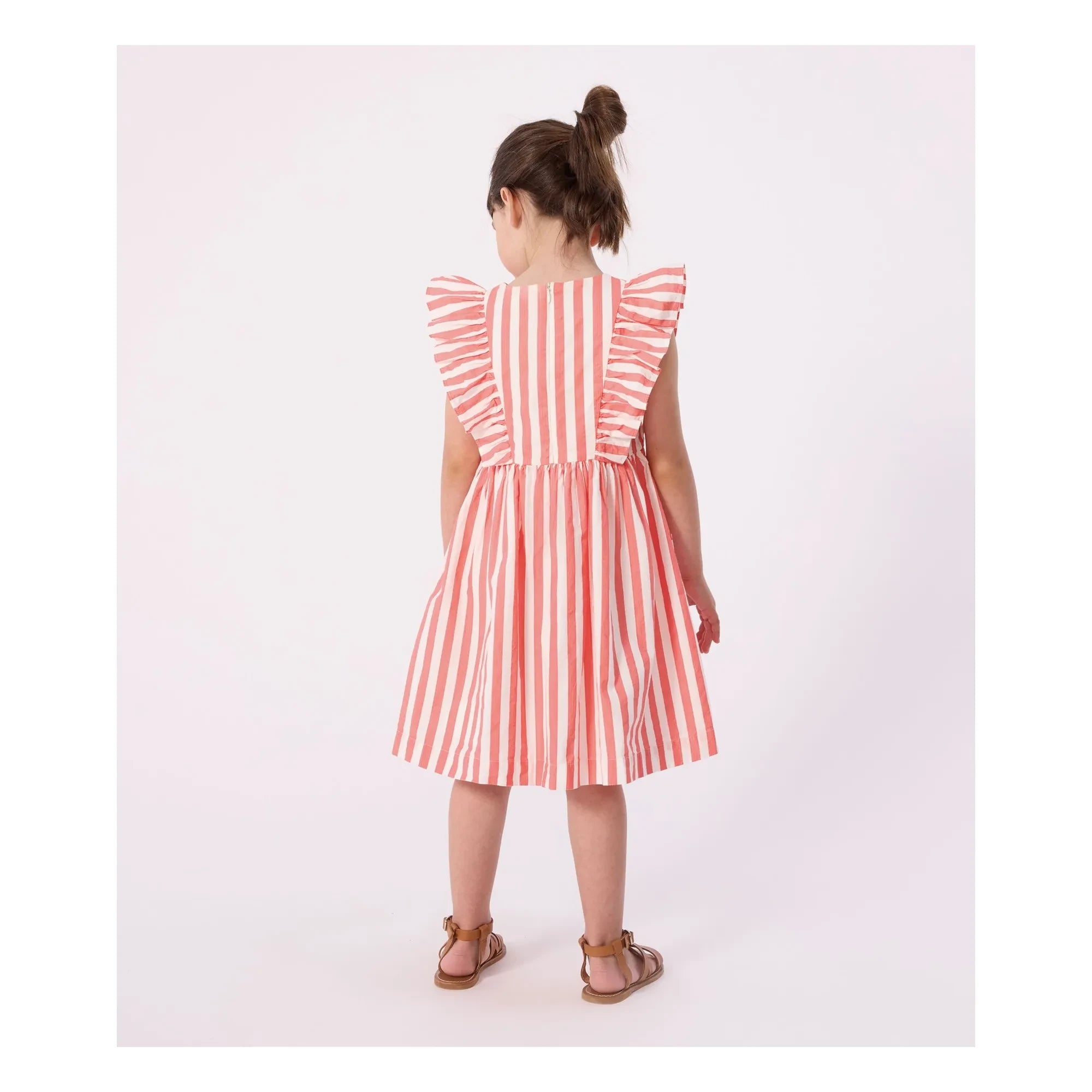 Petit Bateau - Vestido con volantes de algodón orgánico a rayas | Coral