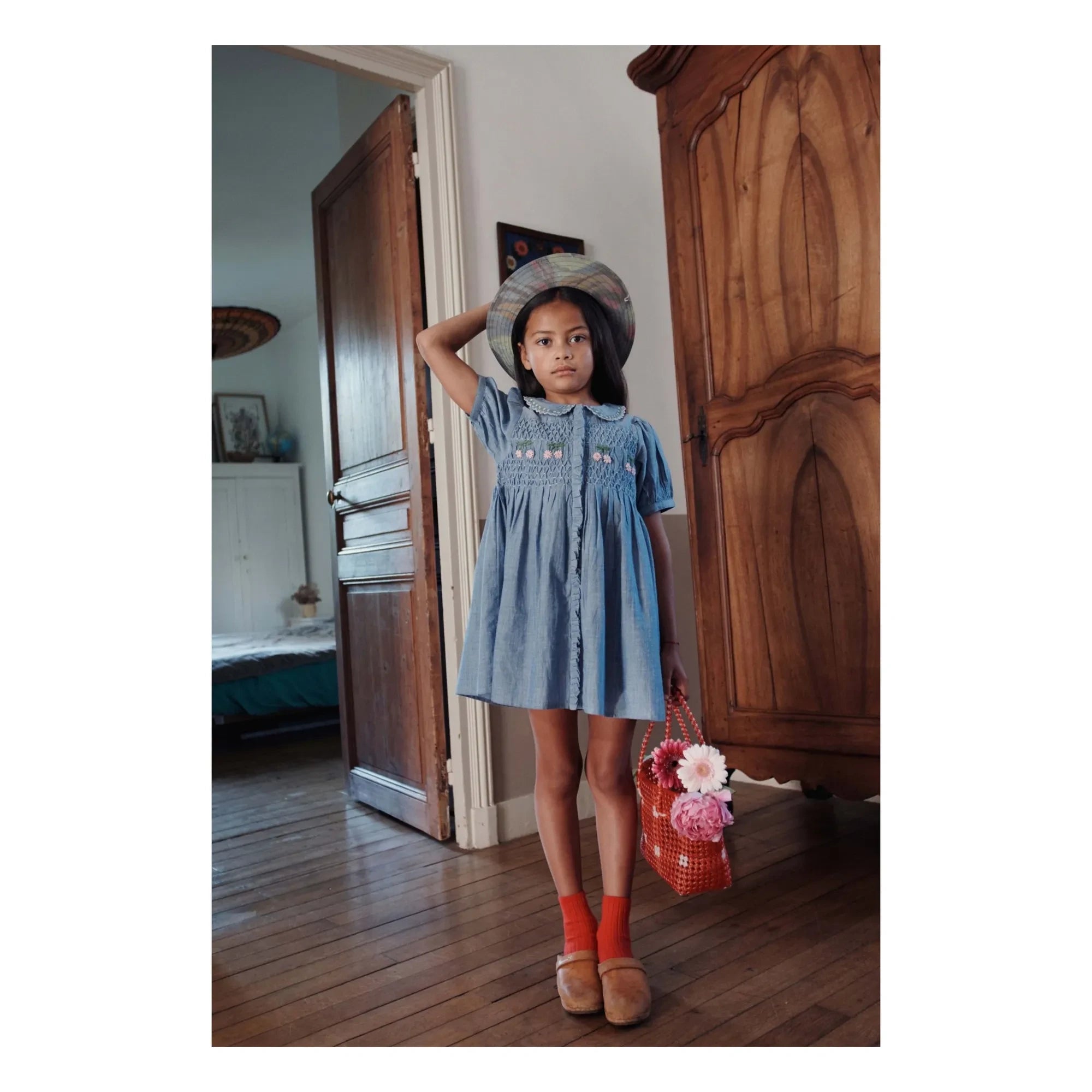 Emile et Ida - Vestido Chambray Smock Azul