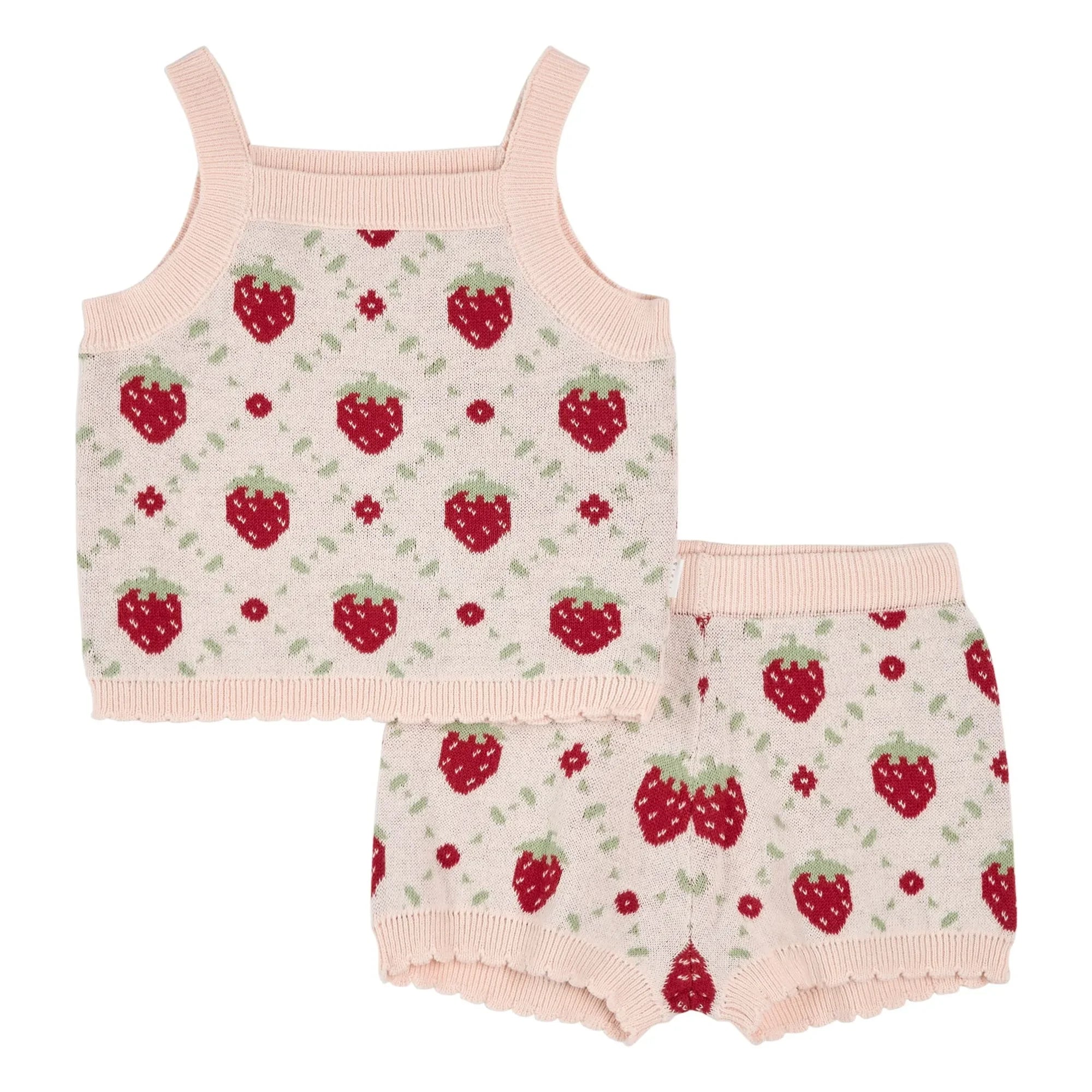 Petit Lem - Conjunto de top y short de punto de algodón orgánico con estampado de fresas | Rosa
