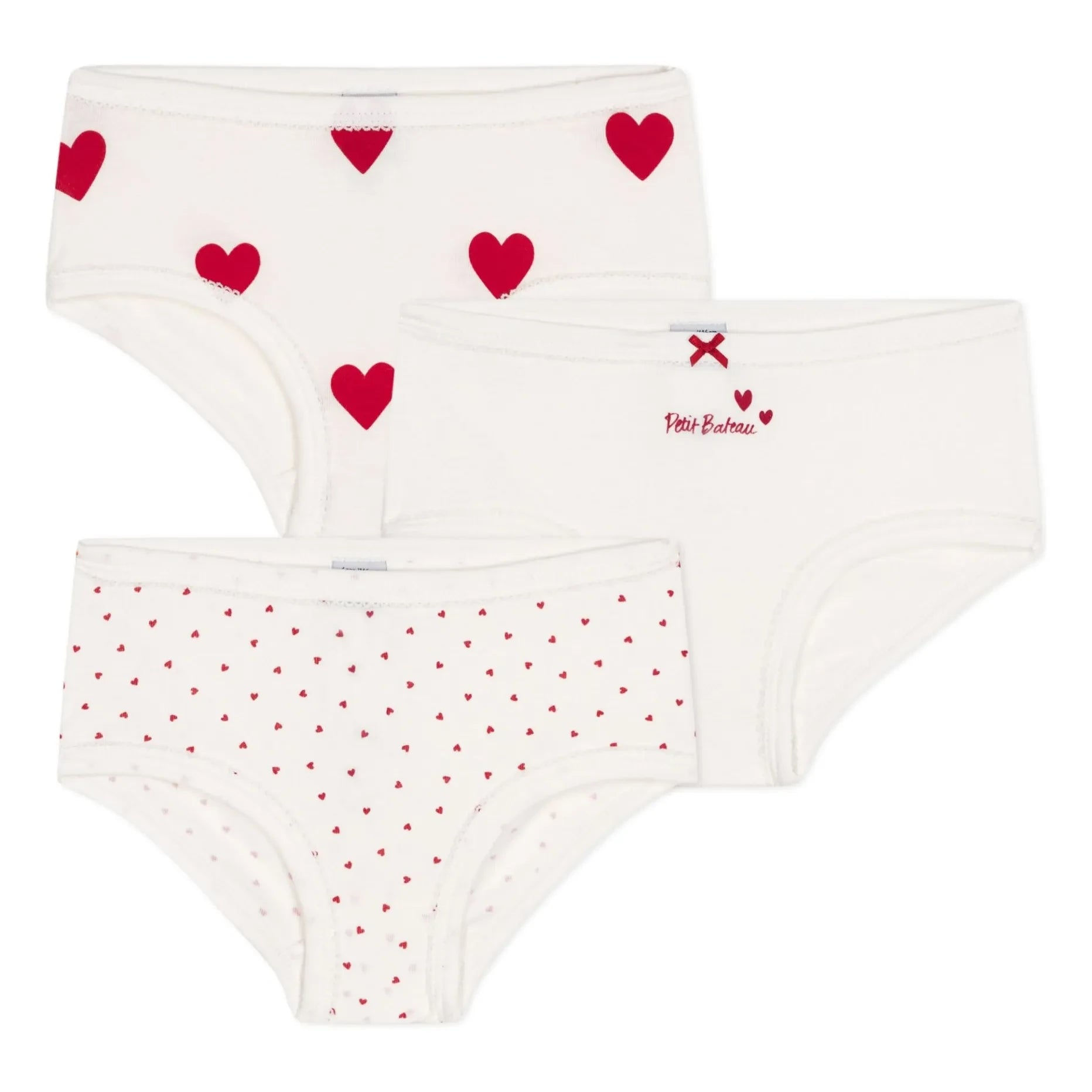 Petit Bateau - Braguitas de cintura alta con estampado de corazones, pack de 3 | Blanco