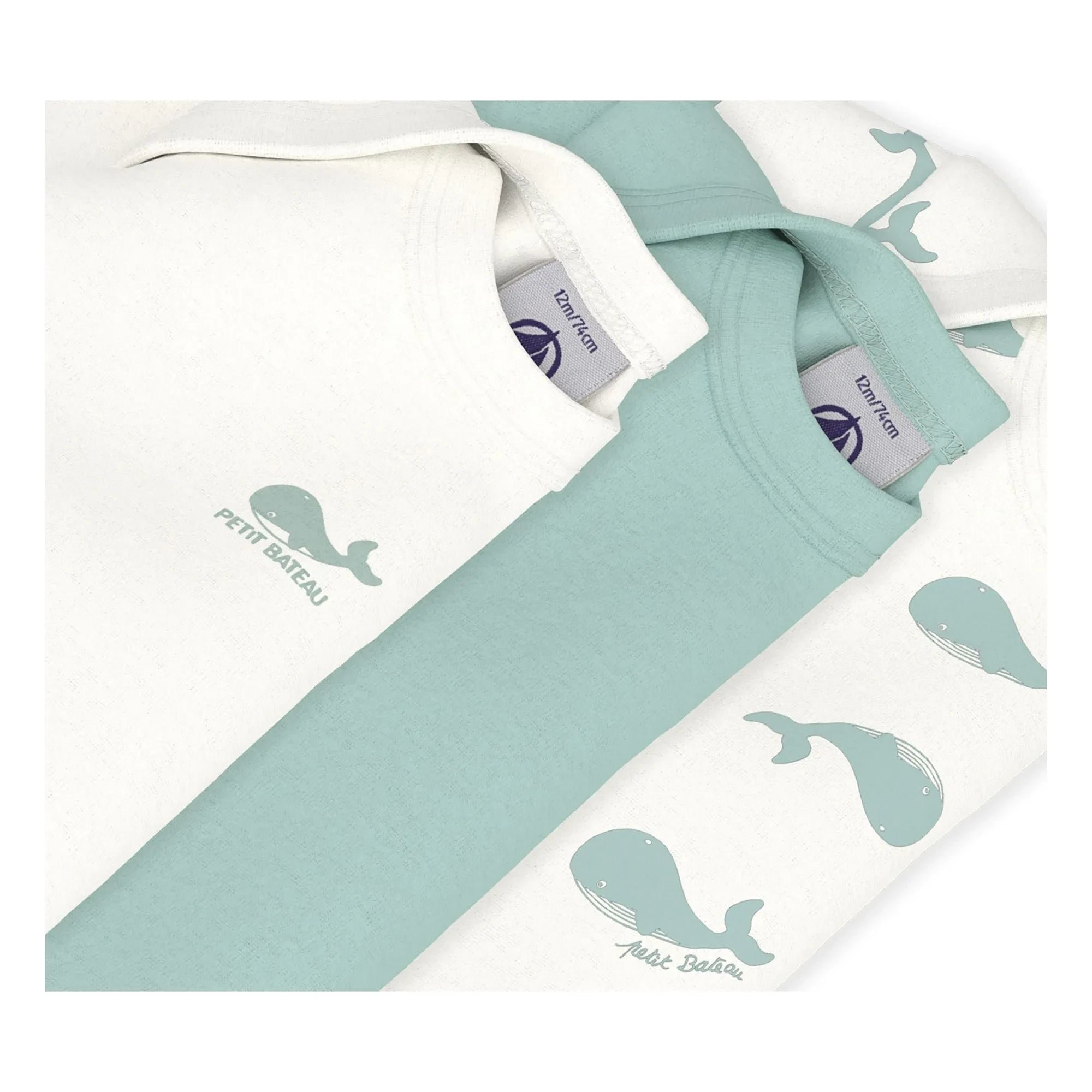 Petit Bateau - Conjunto de 3 peleles de ballenas de algodón orgánico | Blanco
