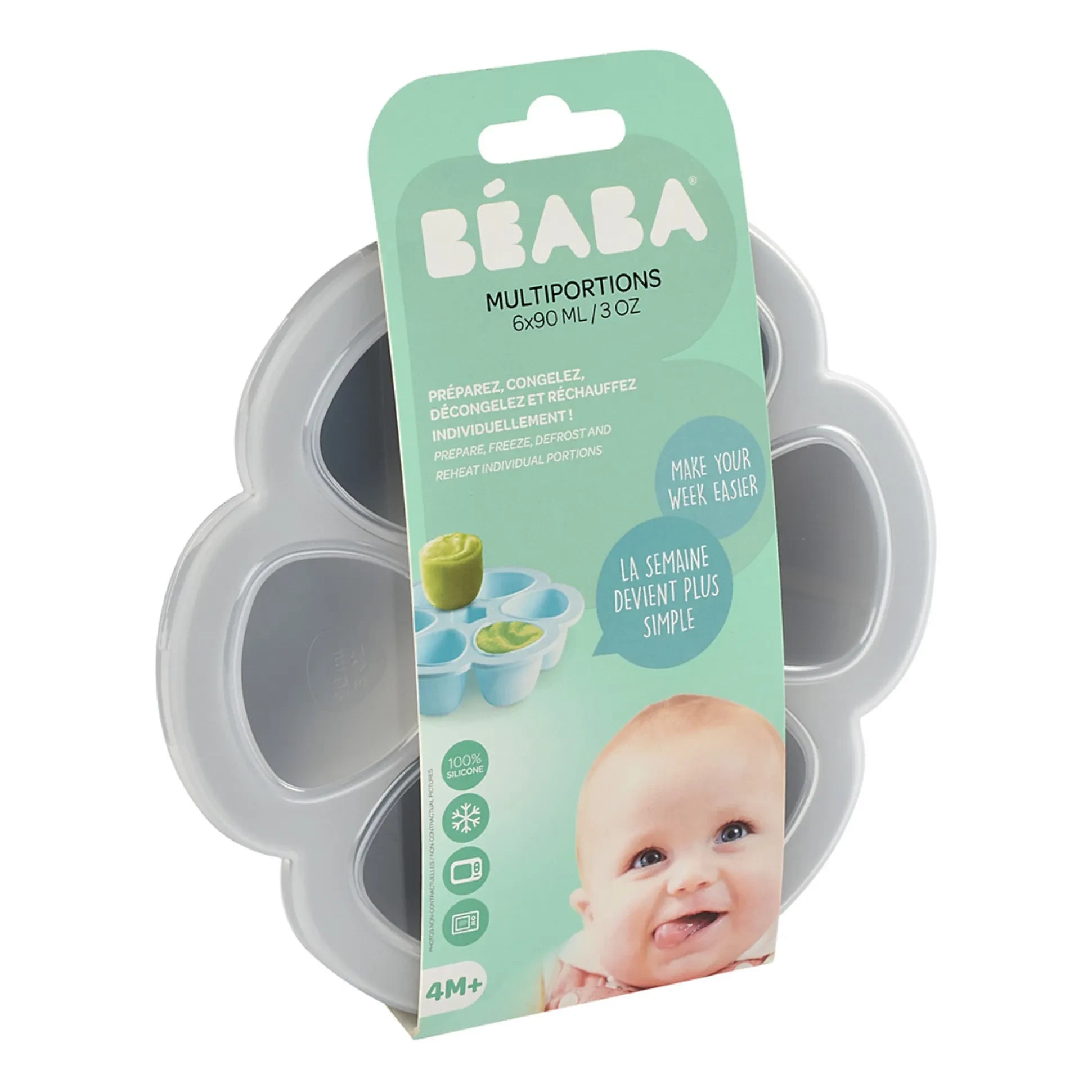 Béaba - Molde de Silicona para Comida de Bebé - 6 x 90 ml | Gris Claro
