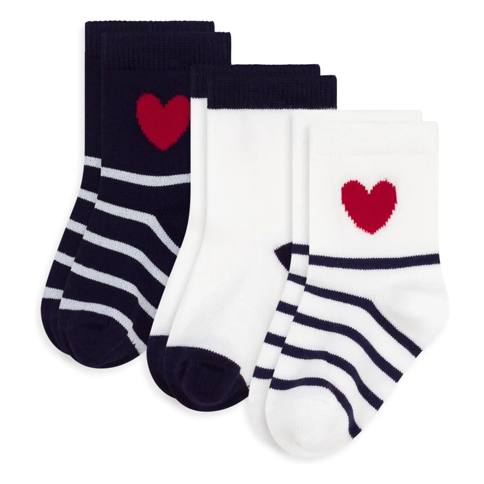 Petit Bateau - Set de 3 pares de calcetines a rayas con corazones | Blanco