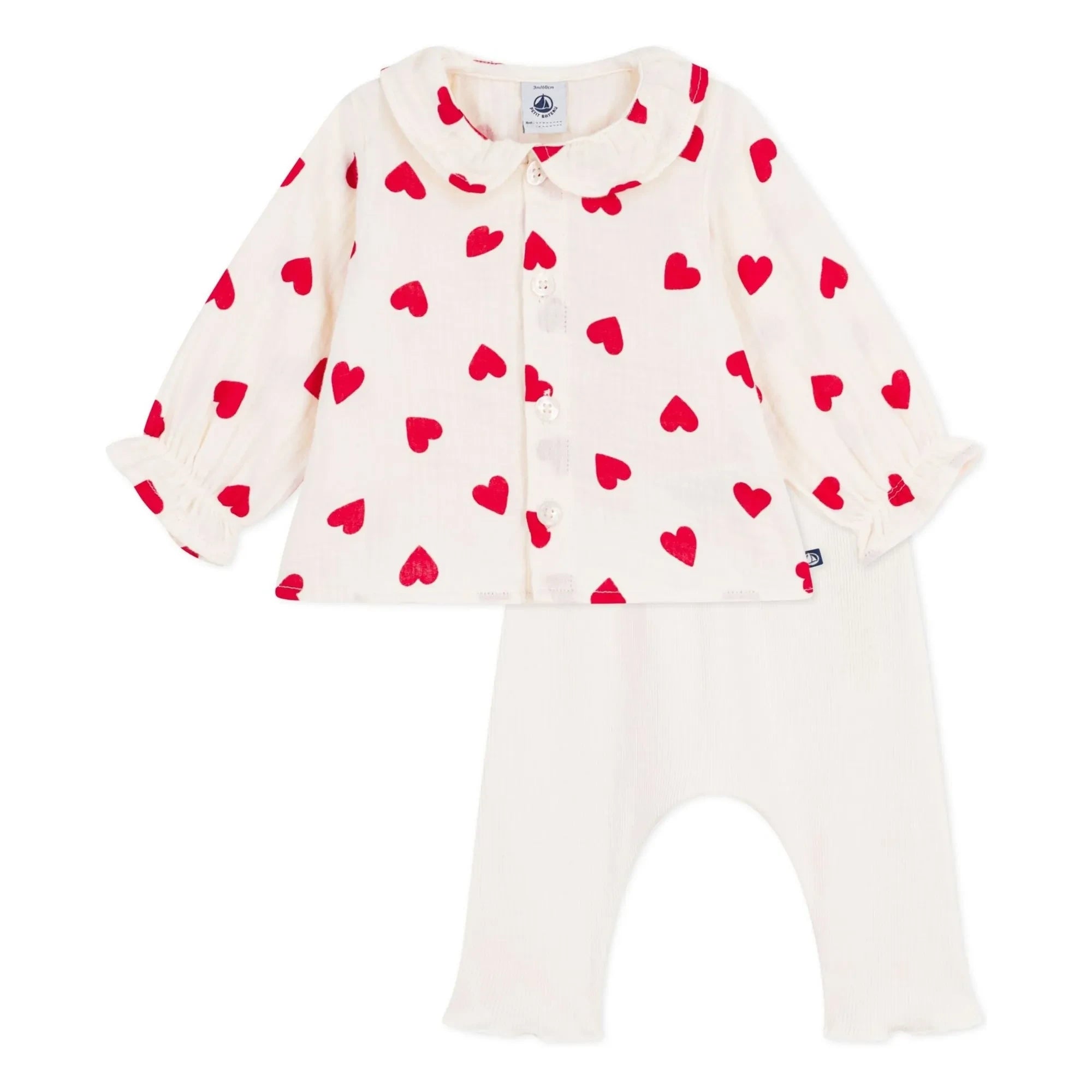 Petit Bateau - Conjunto de blusa y leggings de algodón orgánico Gasa con Corazones | Crudo