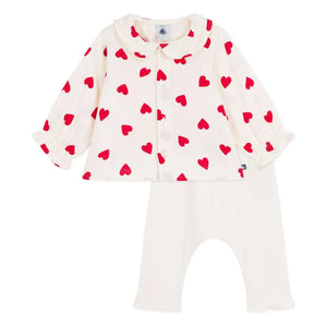 Petit Bateau - Conjunto de blusa y leggings de algodón orgánico Gasa con Corazones | Crudo