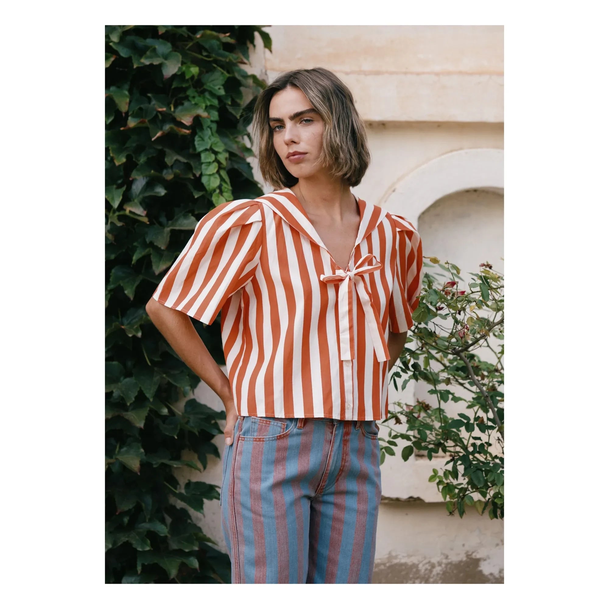 The Tiny Big Sister - Blusa de lino y algodón a rayas marineras | Rojo