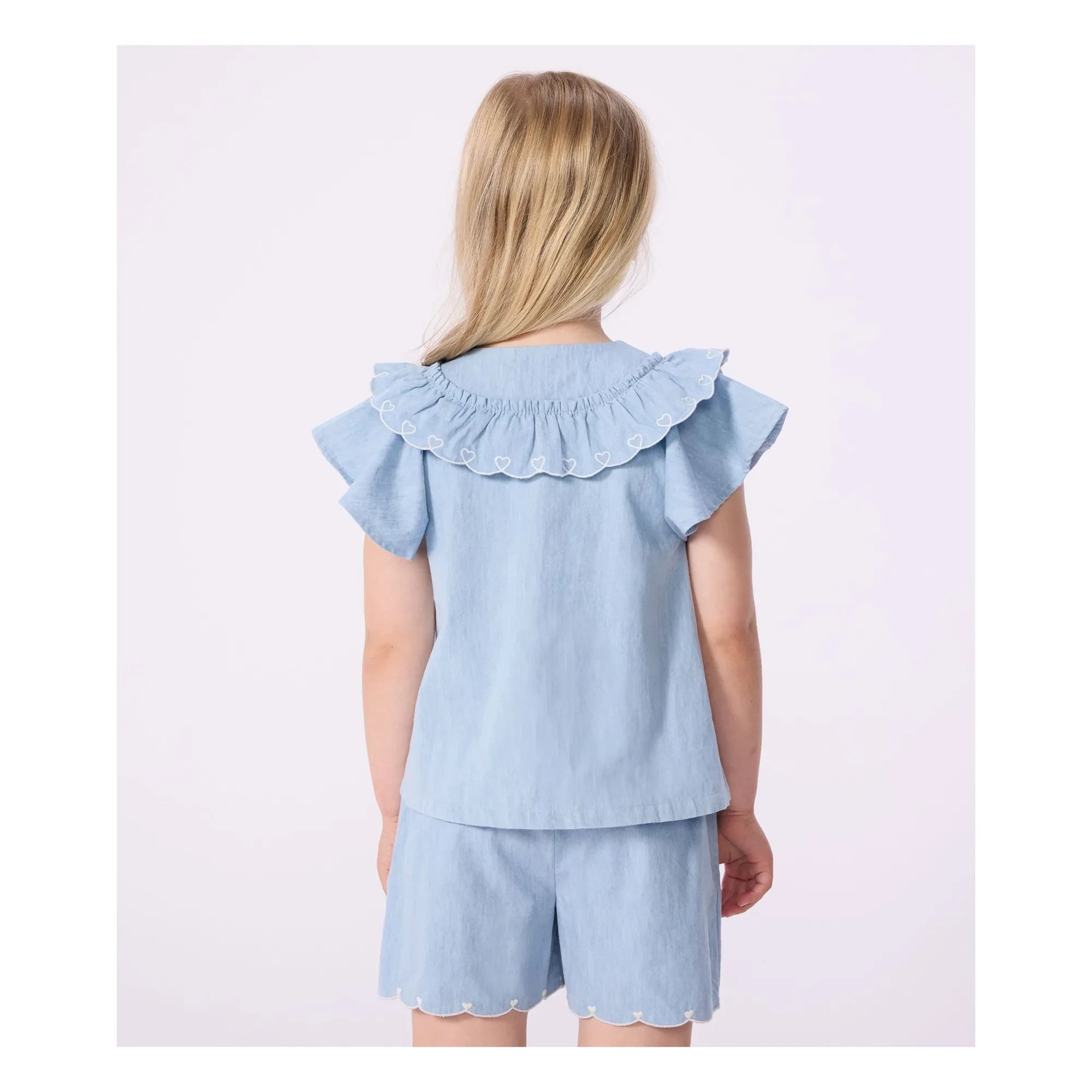 Petit Bateau - Pantalón corto de chambray de algodón orgánico con corazones | Azul claro