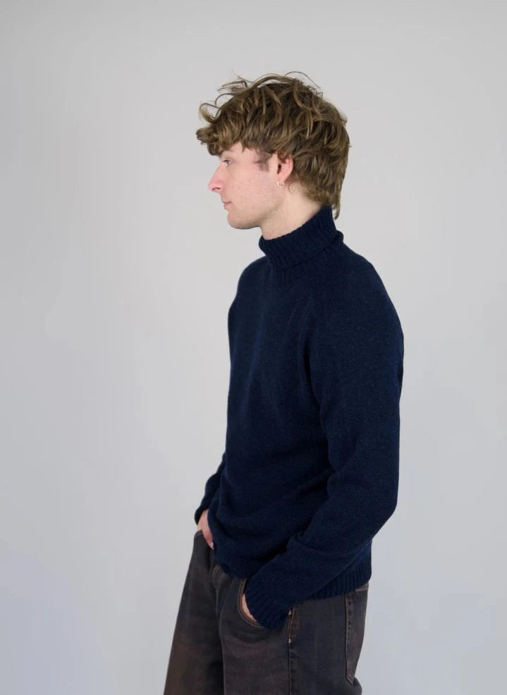 Origin Knitwear - Suéter de Cuello Alto Sin Costuras de Lana | Azul Marino