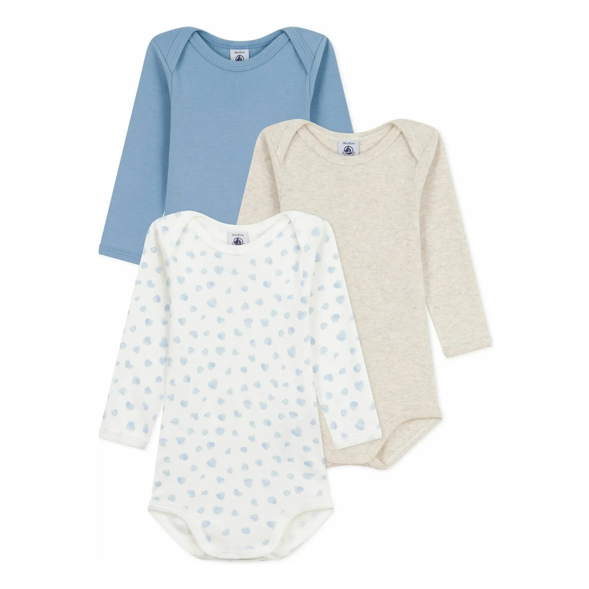 Petit Bateau - Conjunto de 3 bodies de algodón orgánico con corazones | Azul