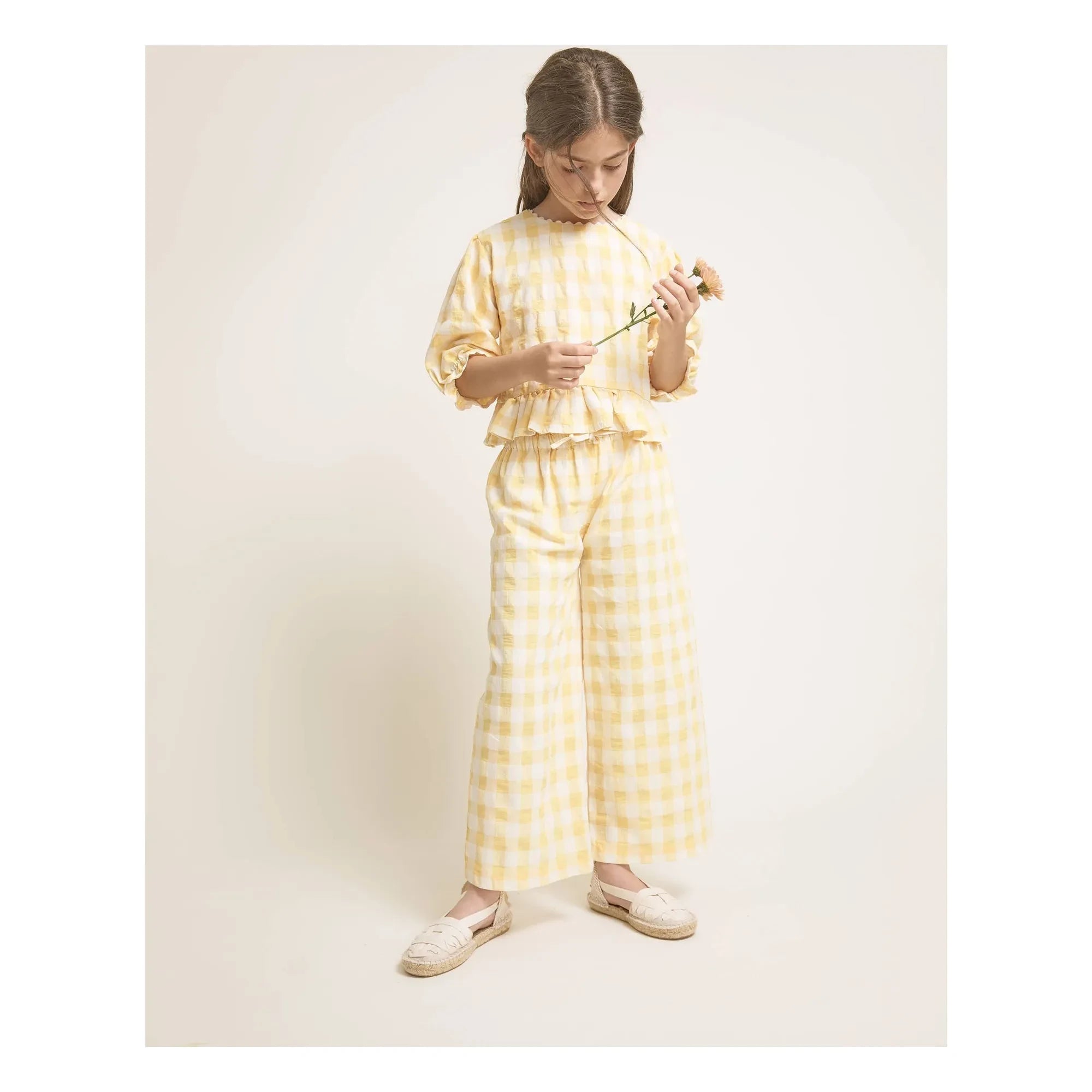 Búho - Blusa de seersucker de cuadros vichy de 3/4 | Amarillo