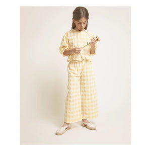 Búho - Blusa de seersucker de cuadros vichy de 3/4 | Amarillo