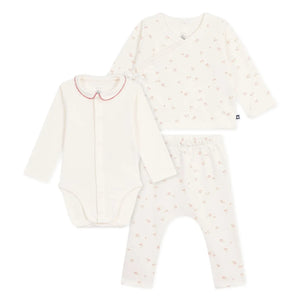 Petit Bateau - Organik Pamuklu Çiçekli Body, Üstlük ve Pantolon Seti | Ekru