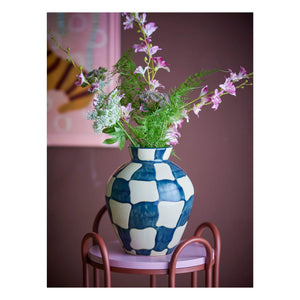 Bloomingville - Florero de gres con diseño de cuadros | Azul