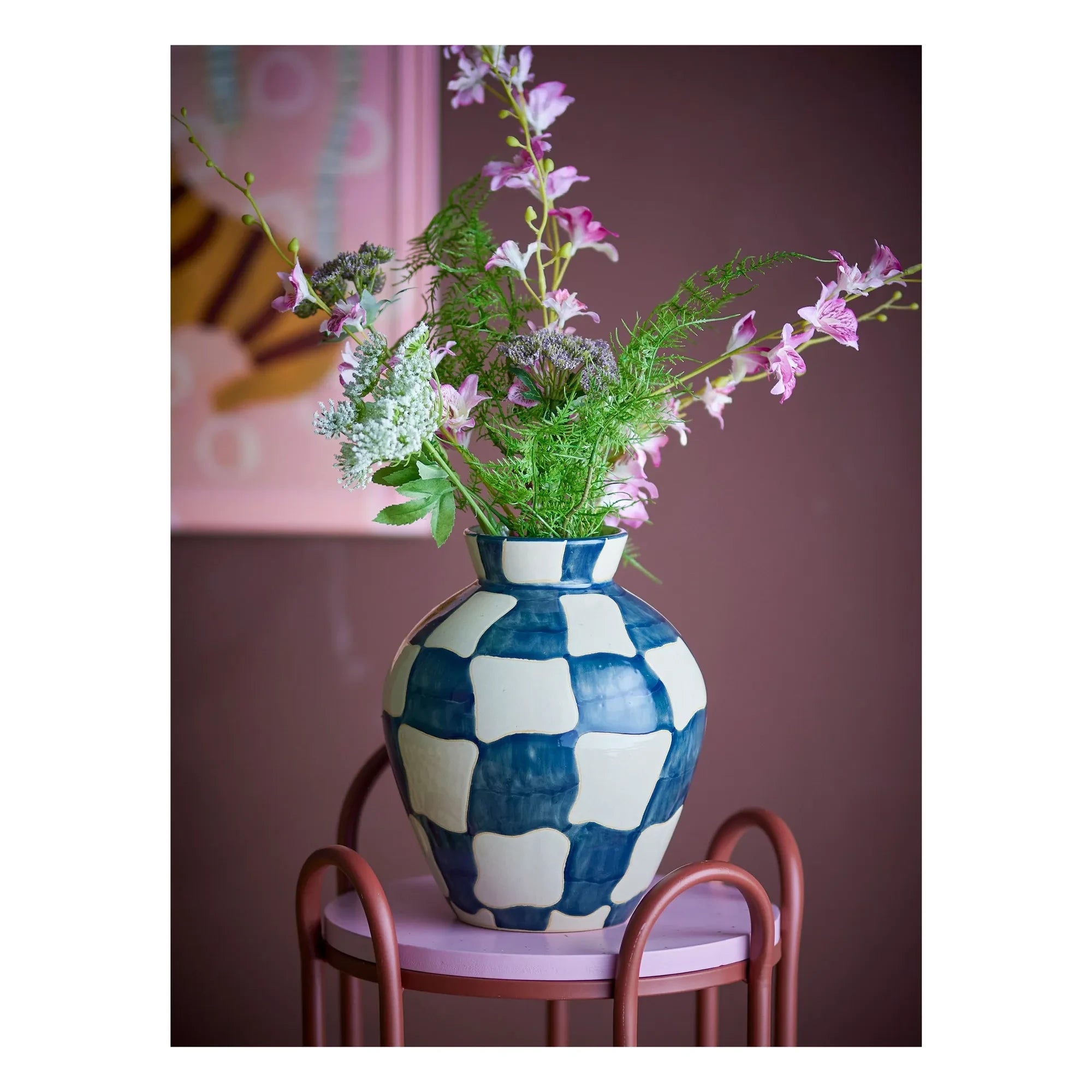 Bloomingville - Florero de gres con diseño de cuadros | Azul