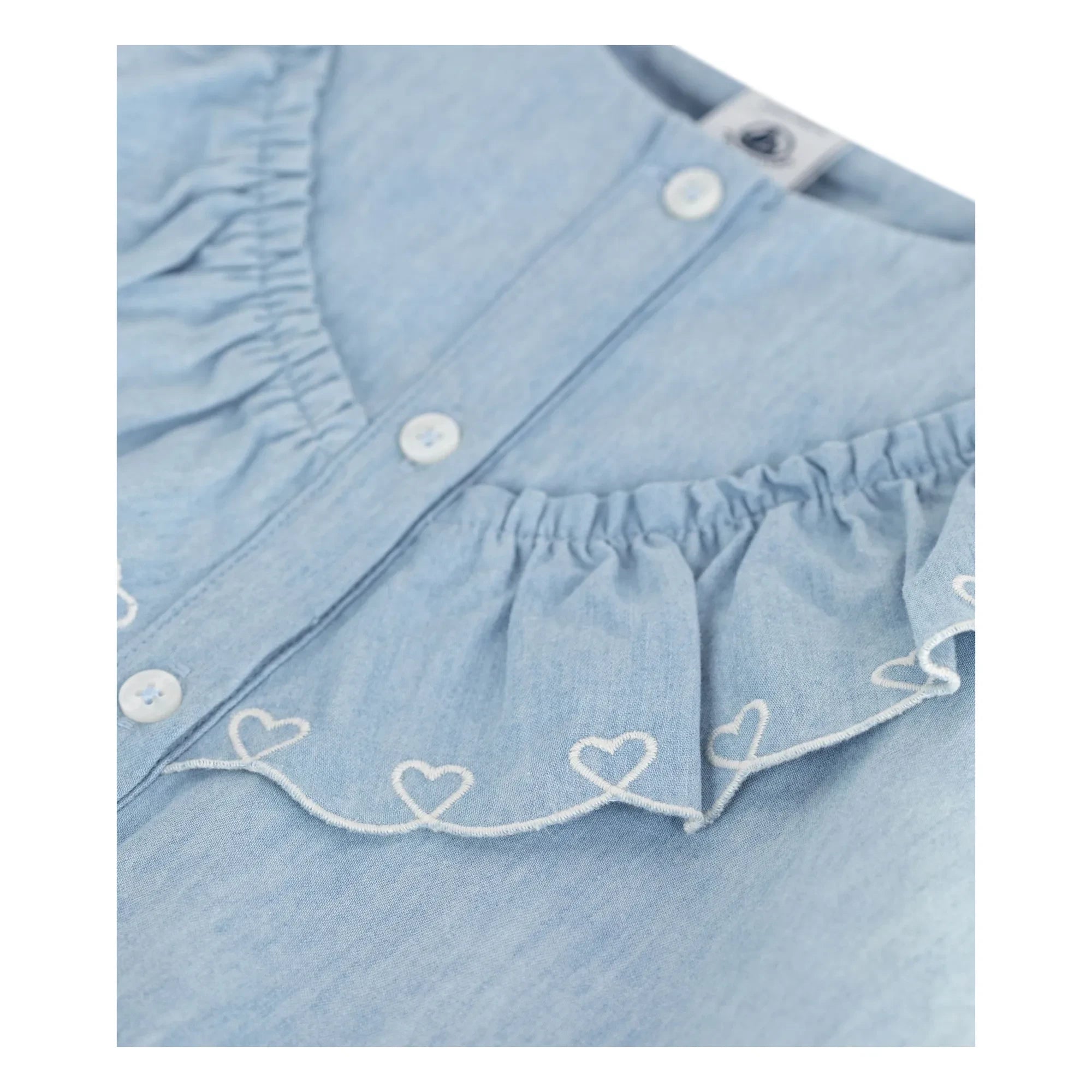 Petit Bateau - Blusa fruncida de algodón orgánico Chambray | Azul claro