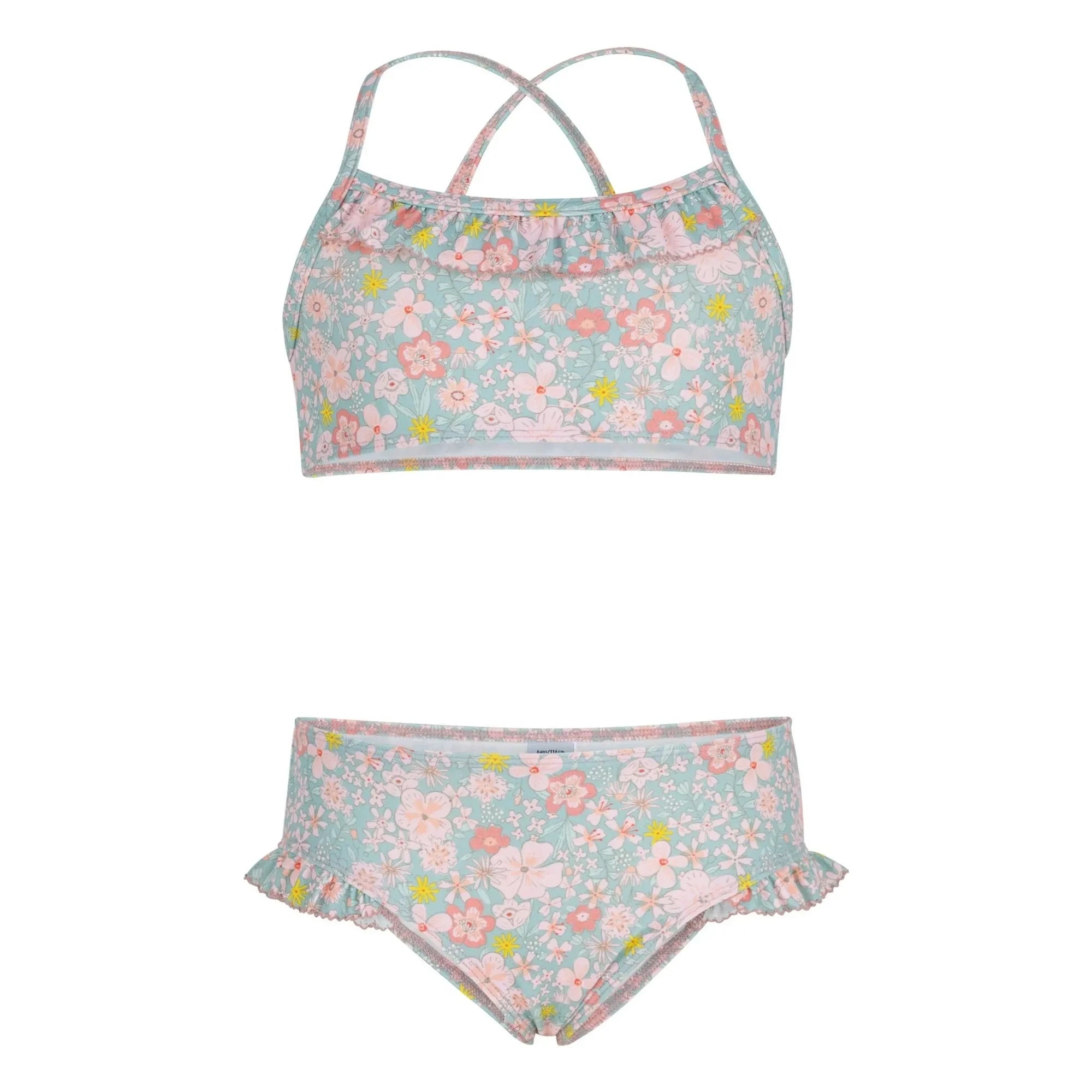 Petit Bateau - Bañador de 2 piezas con volantes y flores | Gris azulado