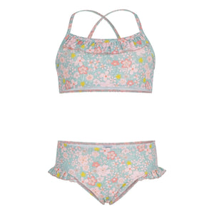 Petit Bateau - Bañador de 2 piezas con volantes y flores | Gris azulado