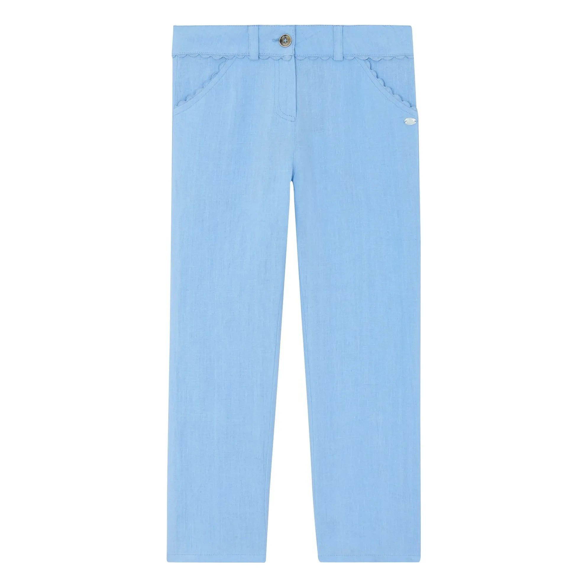 Tartine et Chocolat - Pantalón de lino con bolsillo y volantes | Azul claro
