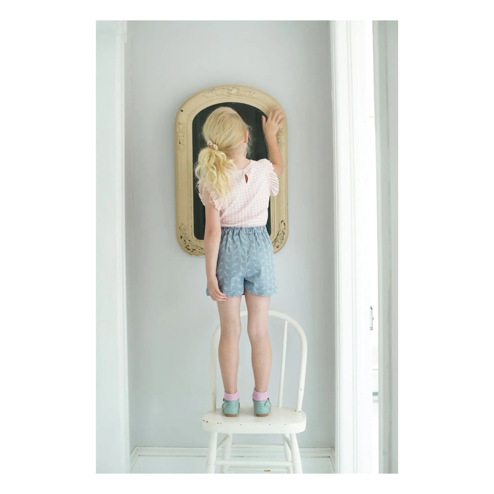 Soor Ploom - Camiseta de Algodón Orgánico Vichy con Volantes de Pointelle | Rosa