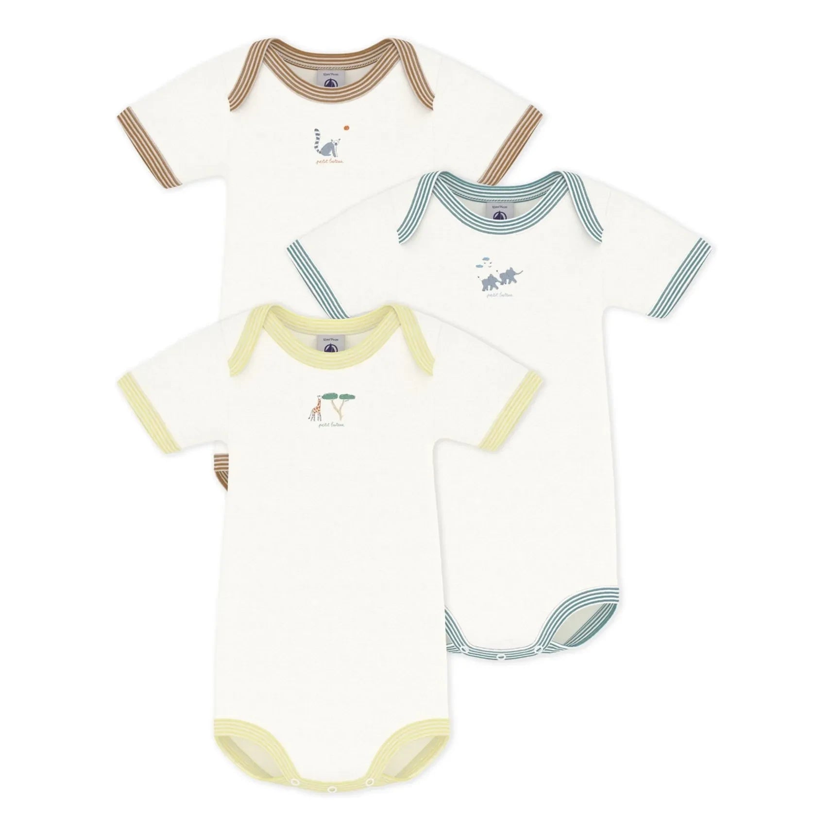 Petit Bateau - Conjunto de 3 peleles de algodón orgánico con animales | Blanco
