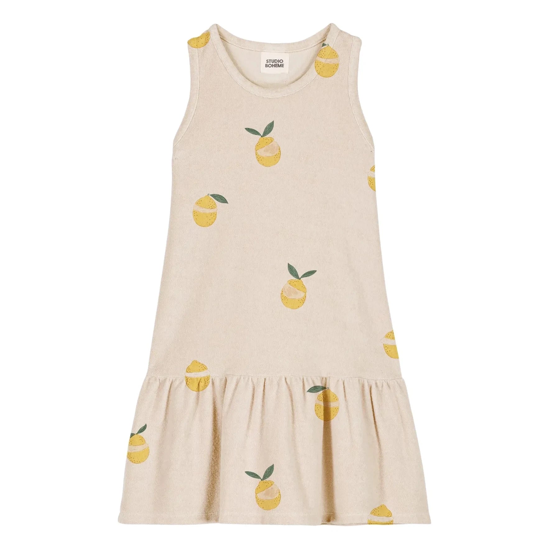 Studio Bohème - Vestido de playa en tela de toalla de algodón orgánico con estampado de limones | Crudo