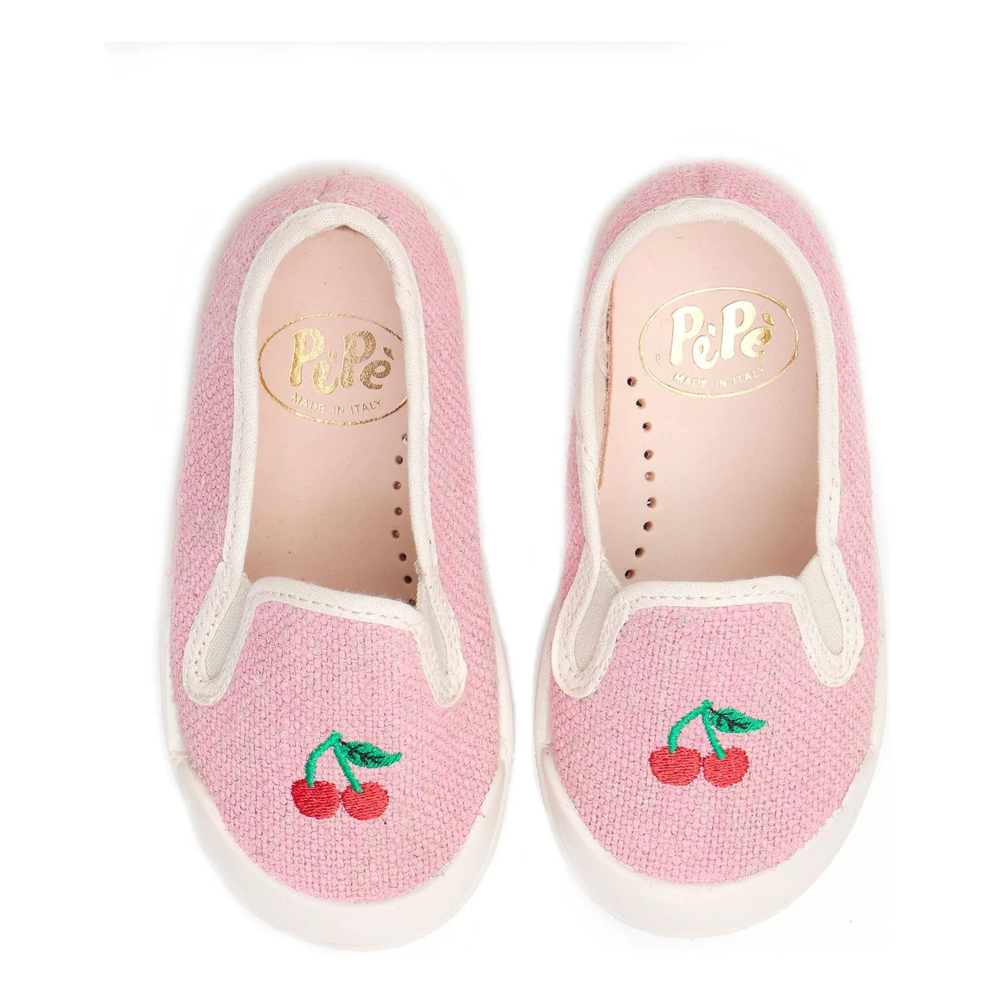 Pèpè - Sin cordones con bordado de cerezas sobre camisetas rosas