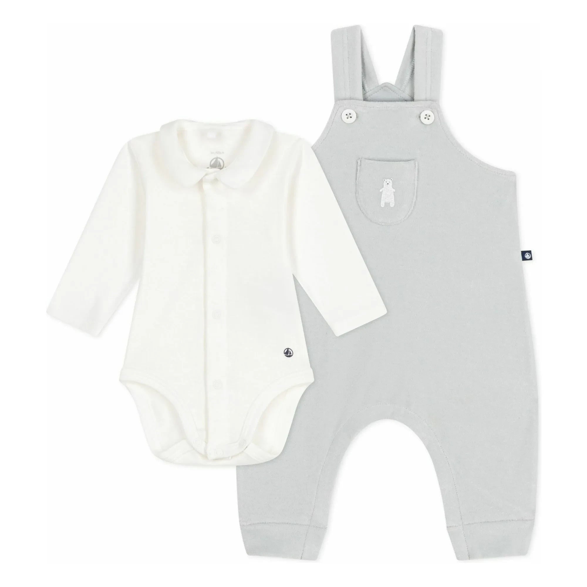 Petit Bateau - Conjunto de peto y body de oso de algodón orgánico | Gris