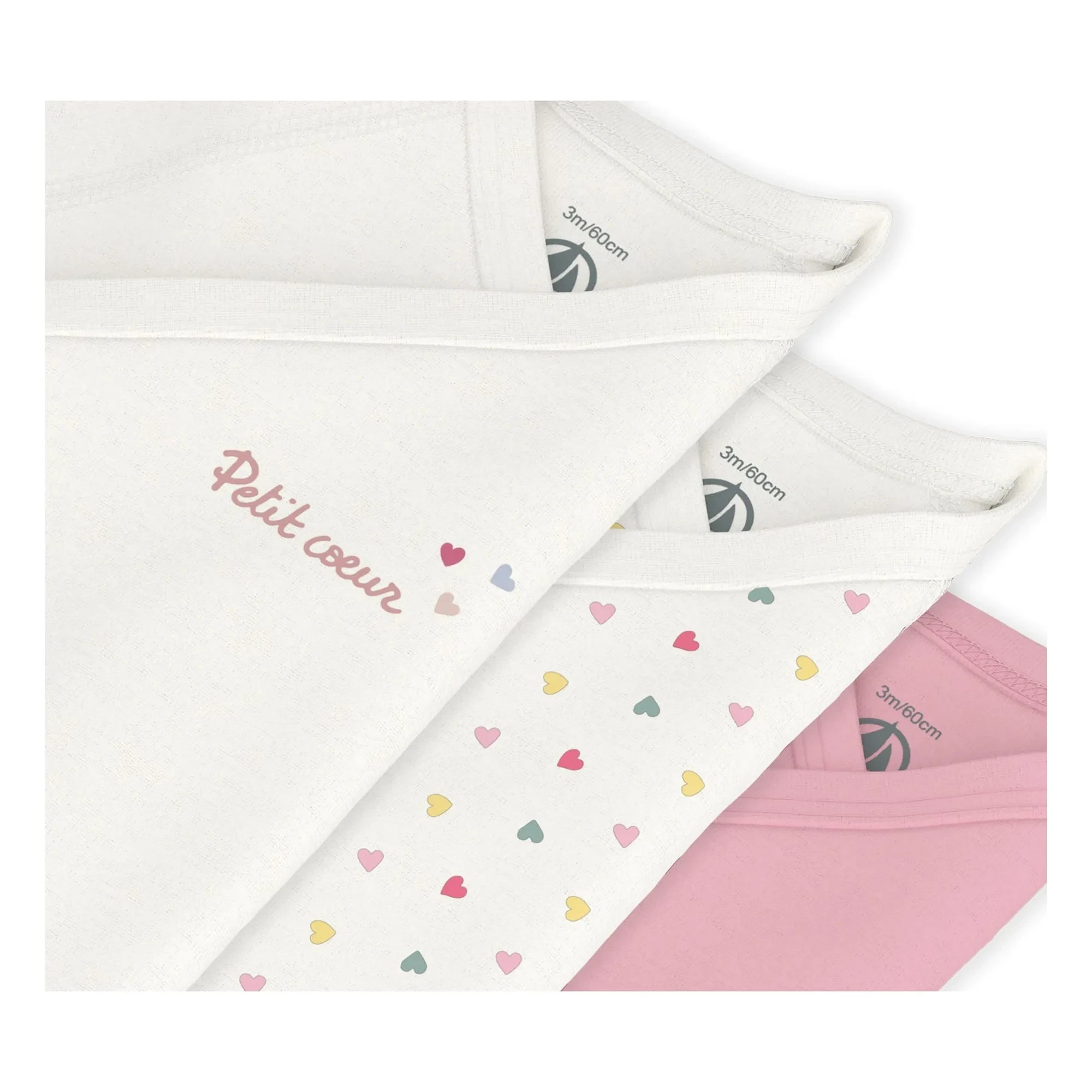 Petit Bateau - Conjunto de 3 bodys cruzados de algodón orgánico con corazones pequeños | Blanco