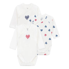 Petit Bateau - Conjunto de 3 Bodys de Algodón Orgánico a Rayas con Corazón para Bebé | Crudo