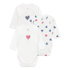 Petit Bateau - Conjunto de 3 Bodys de Algodón Orgánico a Rayas con Corazón para Bebé | Crudo