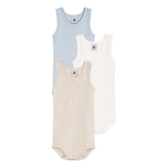 Petit Bateau - Conjunto de 3 Bodys sin Mangas Lisos | Azul