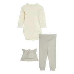 Mini Rodini - Set de body, pantalón jogger y gorro de algodón orgánico con gato | Crudo