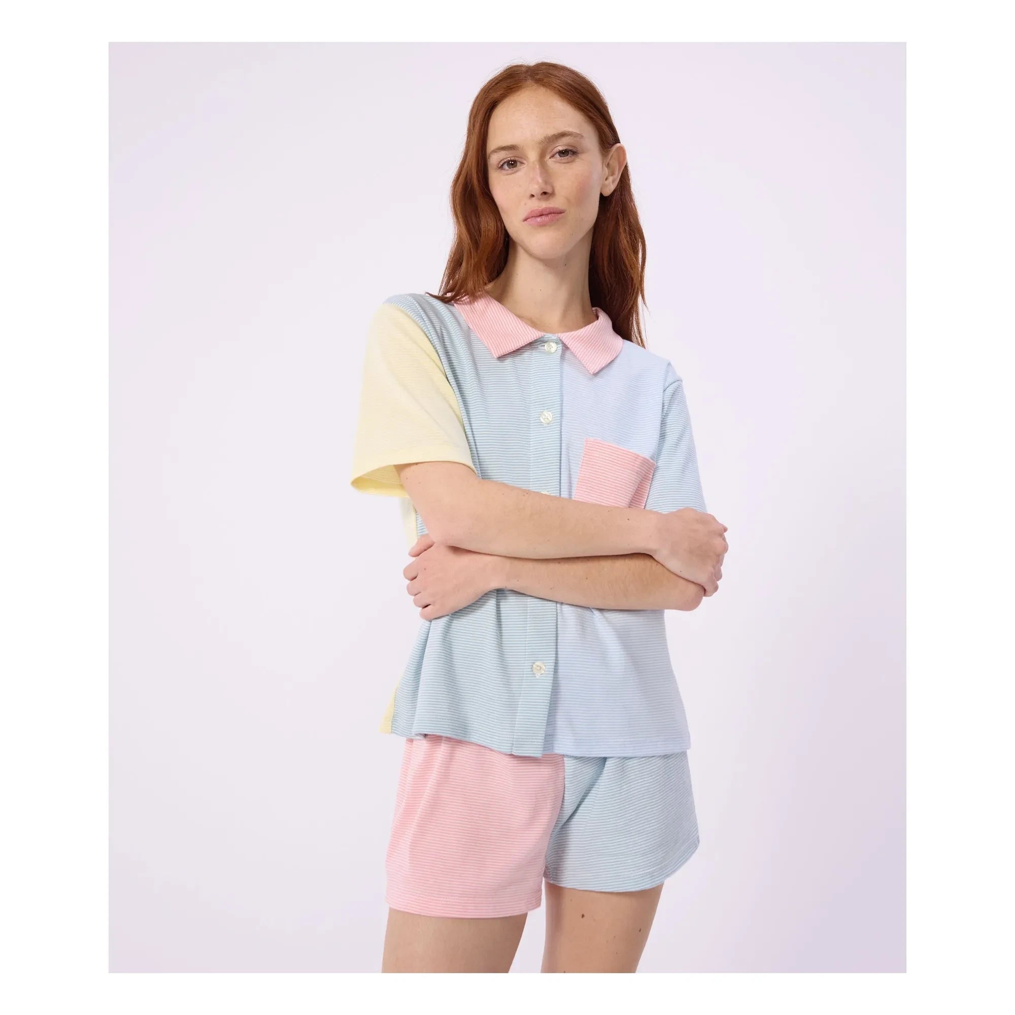 Petit Bateau - Pijama corto de rayas con bloques de color verde