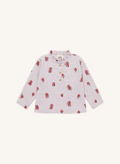 Studio Bohème - Blusa de Algodón Orgánico con Estampado de Flor de Nar, Cuello Fruncido | Azul Claro