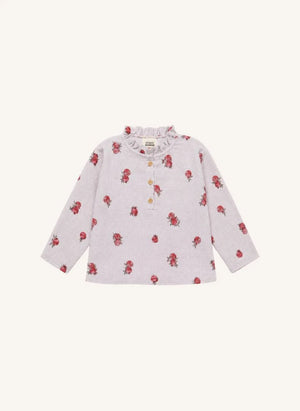Studio Bohème - Blusa de Algodón Orgánico con Estampado de Flor de Nar, Cuello Fruncido | Azul Claro