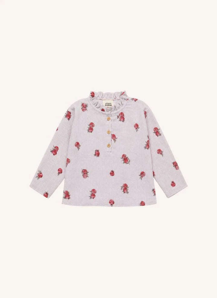 Studio Bohème - Blusa de Algodón Orgánico con Estampado de Flor de Nar, Cuello Fruncido | Azul Claro