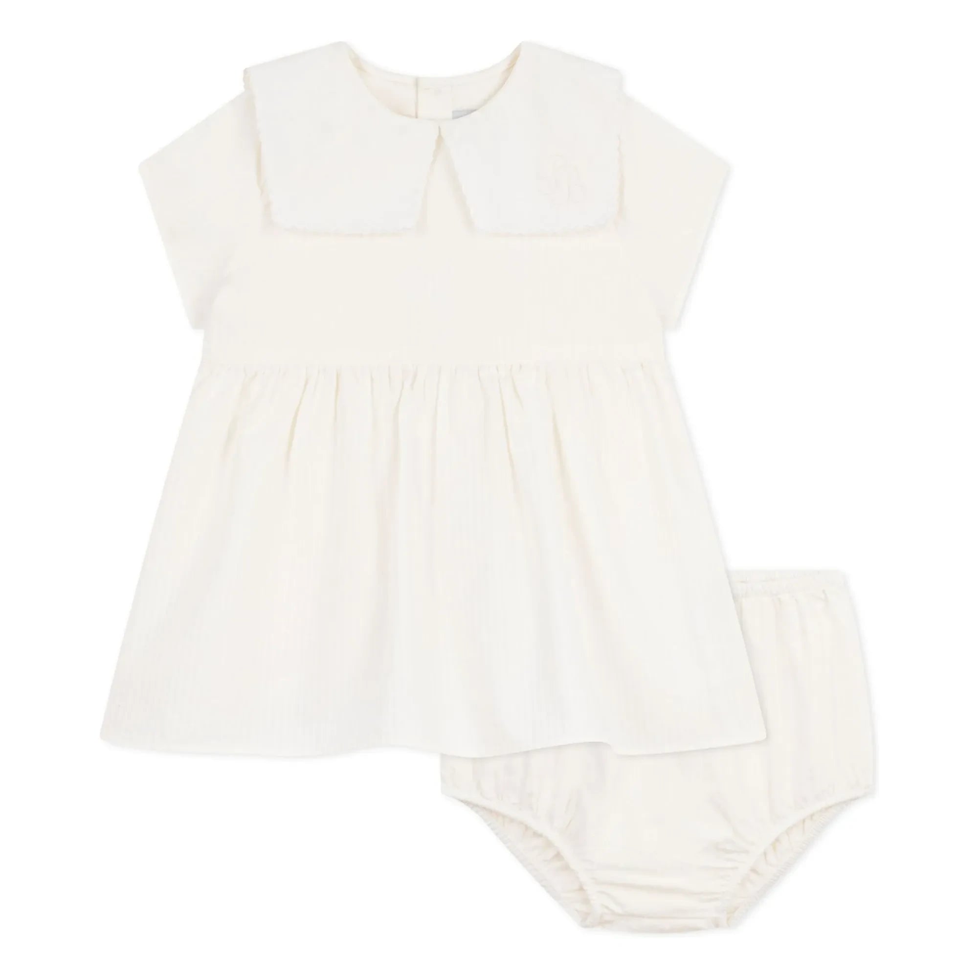 Petit Bateau - Conjunto de vestido con cuello marinero y braguita tipo bloomer en lino y algodón orgánico | Blanco
