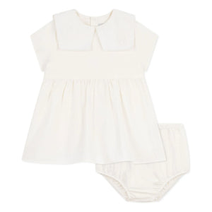 Petit Bateau - Conjunto de vestido con cuello marinero y braguita tipo bloomer en lino y algodón orgánico | Blanco