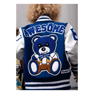 Niño Niña - Chaqueta Bomber Letterman de Cuero Estupenda | Azul