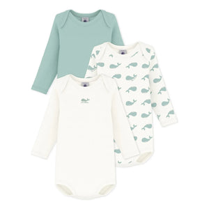 Petit Bateau - Conjunto de 3 peleles de ballenas de algodón orgánico | Blanco