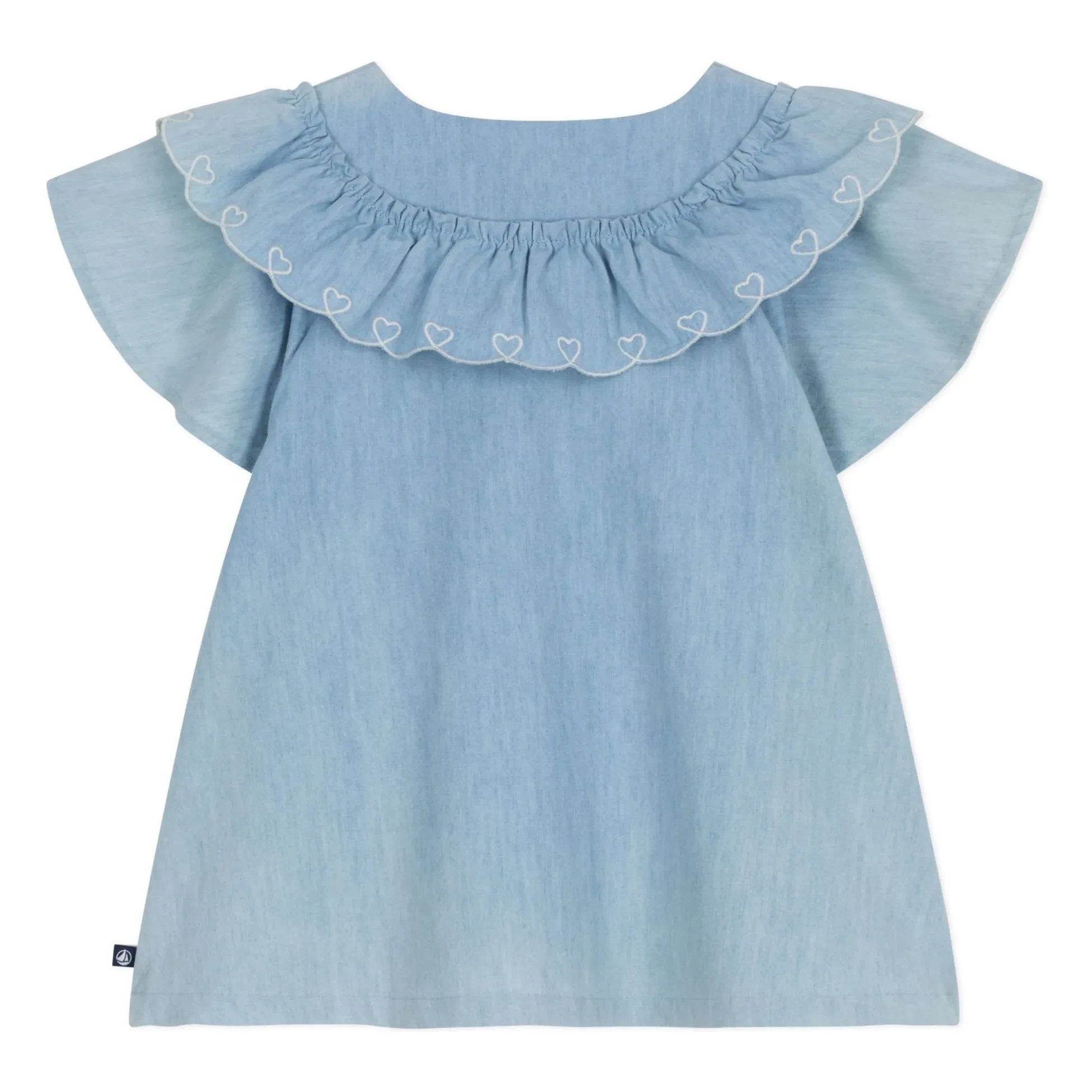 Petit Bateau - Blusa fruncida de algodón orgánico Chambray | Azul claro