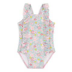 Petit Bateau - Bañador con volantes y estampado floral para bebé | Turquesa