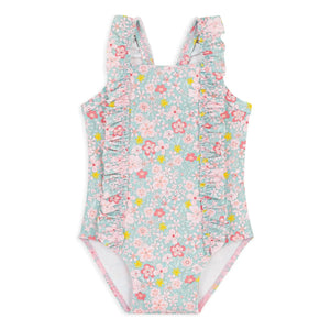 Petit Bateau - Bañador con volantes y estampado floral para bebé | Turquesa