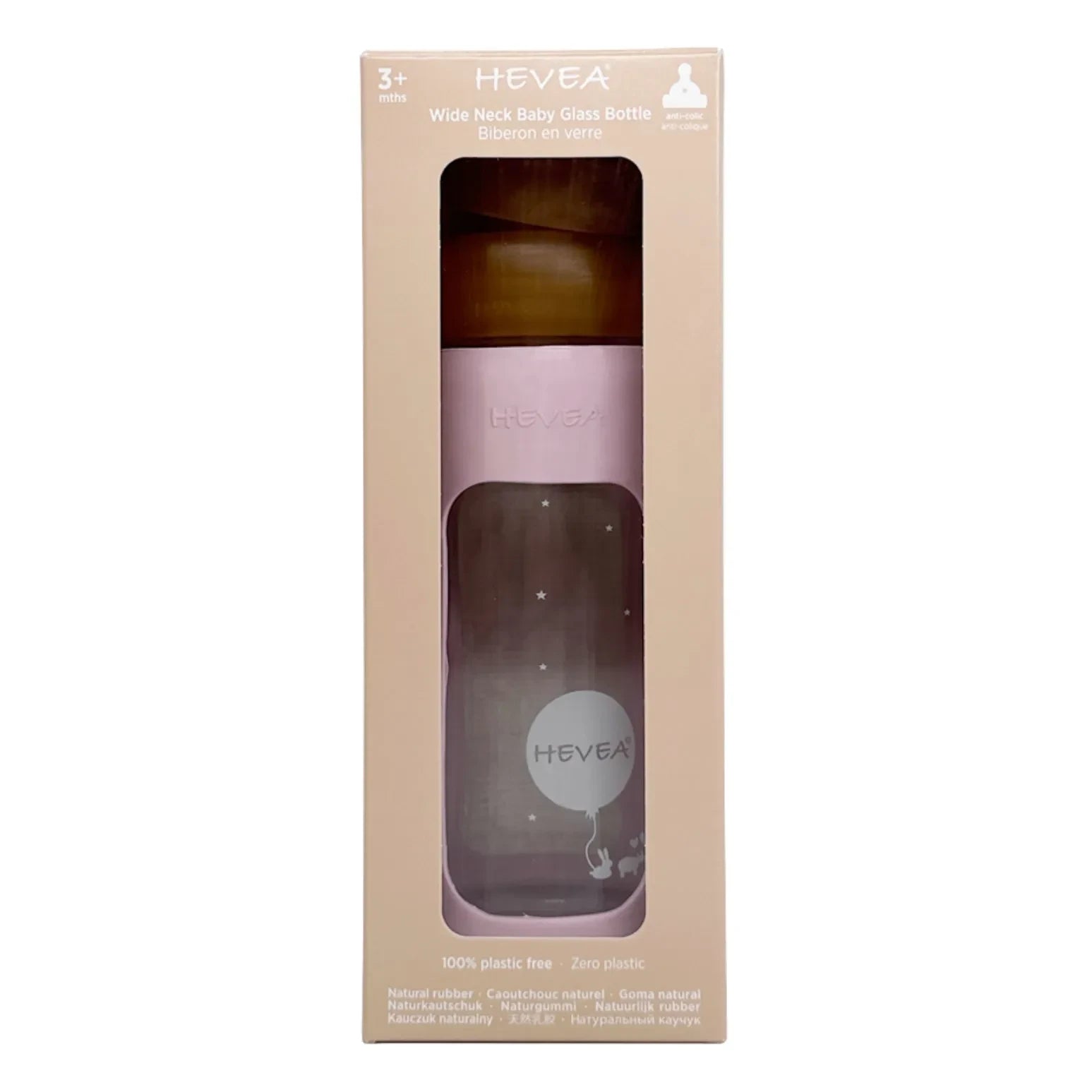 Hevea - Biberón de Cristal de Boca Ancha de Flujo Medio con Funda Protectora | Rosa Empolvado