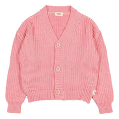Búho - Cárdigan de canalé de algodón orgánico con cuello en V | Rosa caramelo