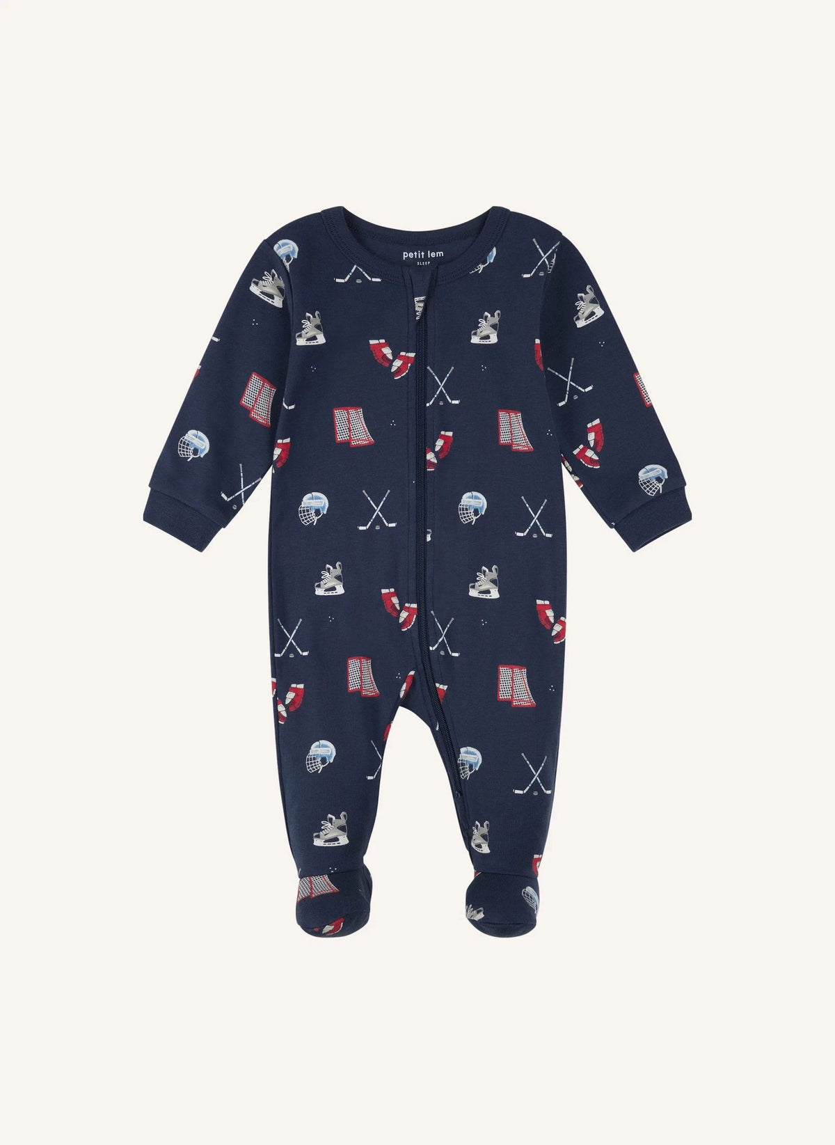 Petit Lem - Pijama enterizo con estampado de hockey y pies, de algodón orgánico | Azul marino