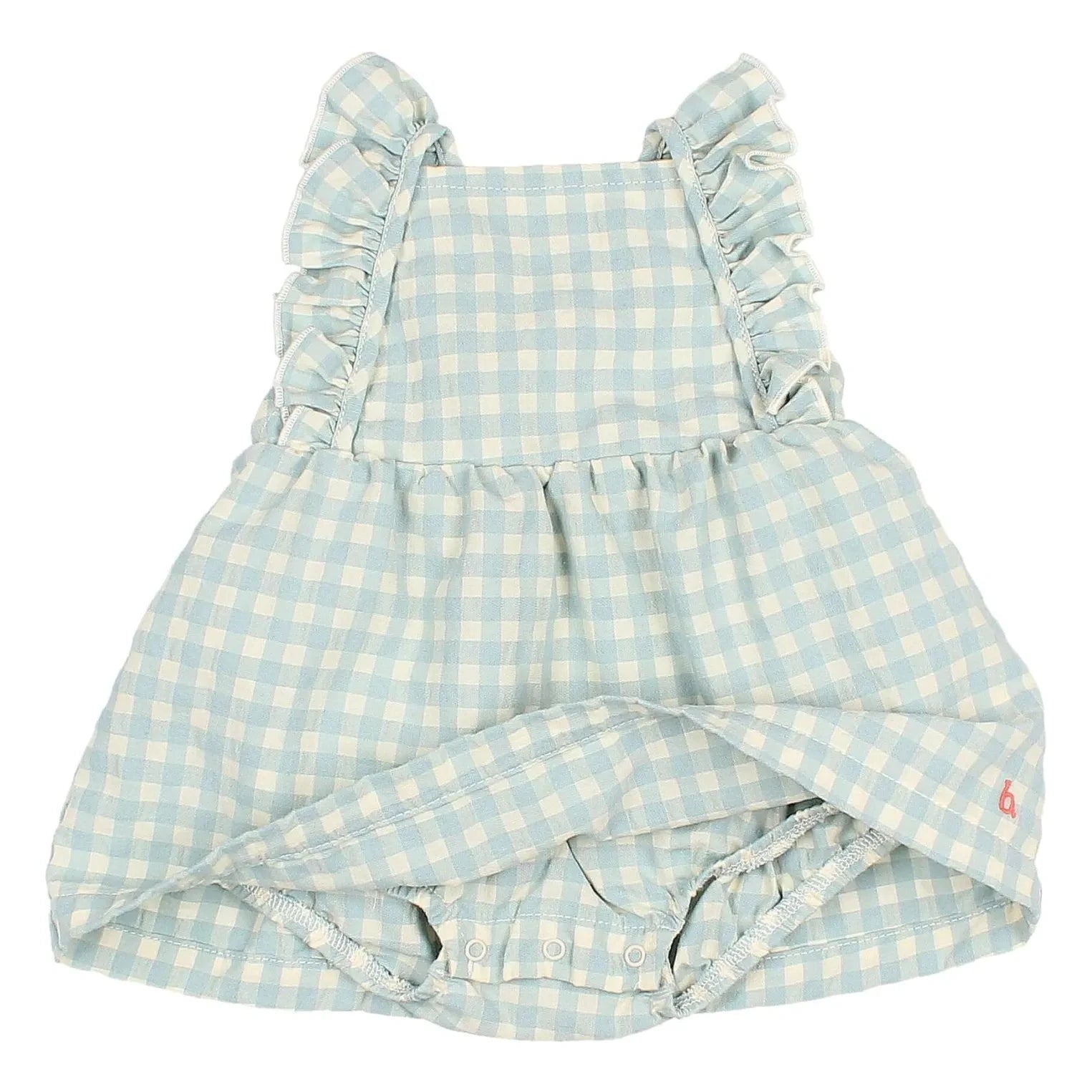 Búho - Vestido enterito de algodón orgánico seersucker con volantes a cuadros | Aqua